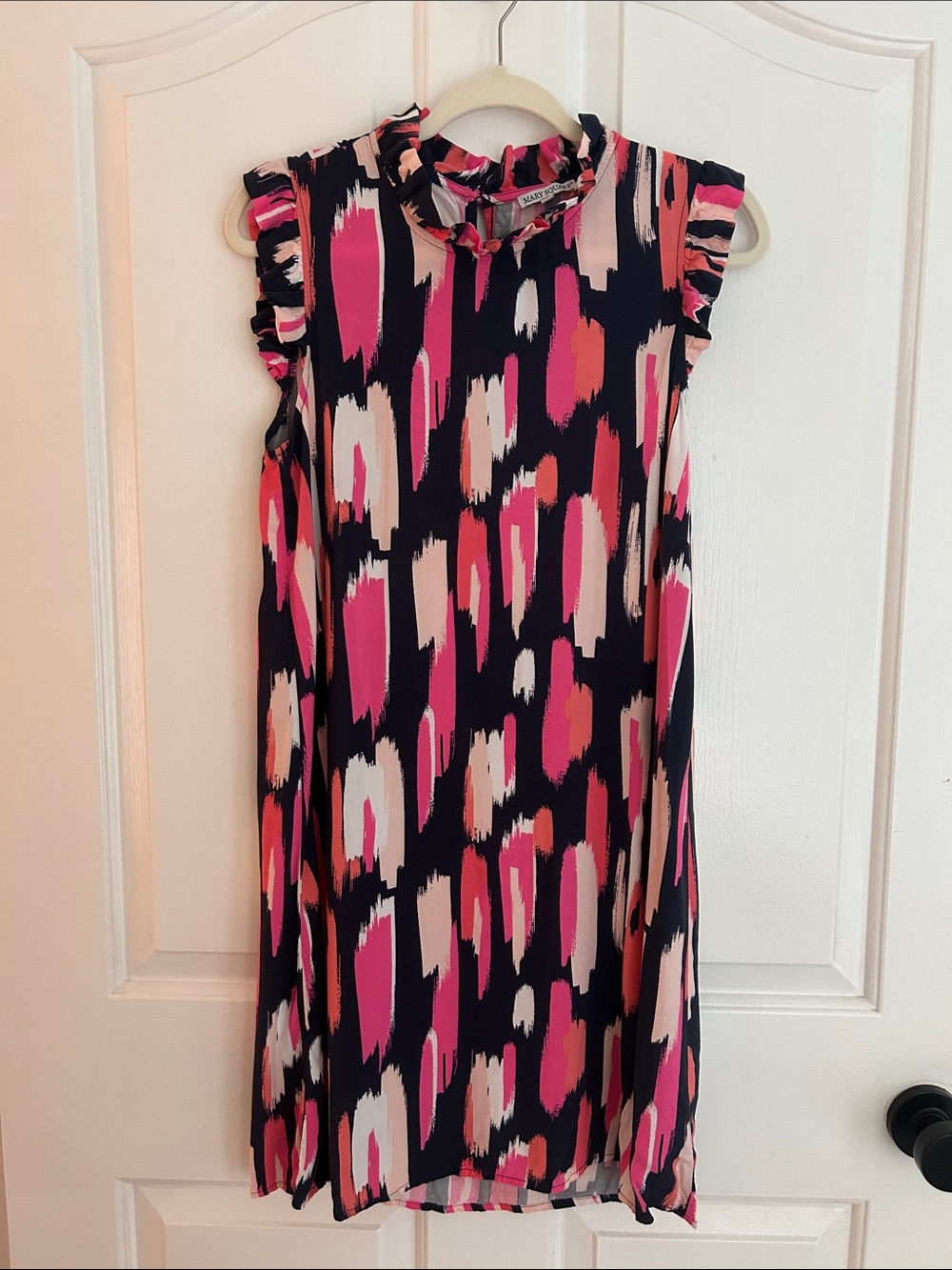 Sleeveless Ruffle Neck Midi Dress in Pink and Navy